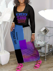 2 Piece Set Colorblock Slogan & Stripe Print Top & Maxi Skirt