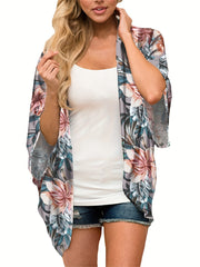 Floral Print Kimono Cover Up V Neck Soft Beachwear Women's Swimwear