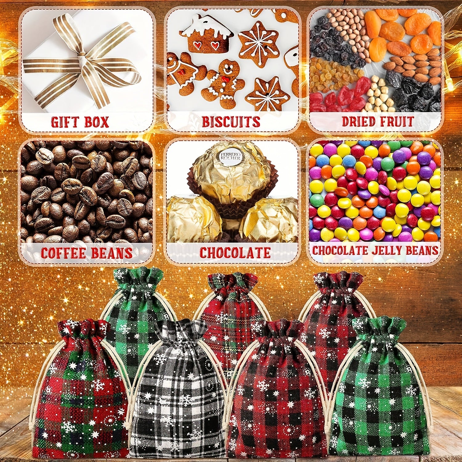 6pcs Christmas Plaid Cotton Drawstring Gift Bag for Candy Packaging