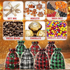 6pcs Christmas Plaid Cotton Drawstring Gift Bag for Candy Packaging