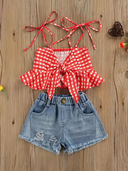 2pcs Baby Girls Plaid Bowknot Camisole Top & Denim Shorts Set