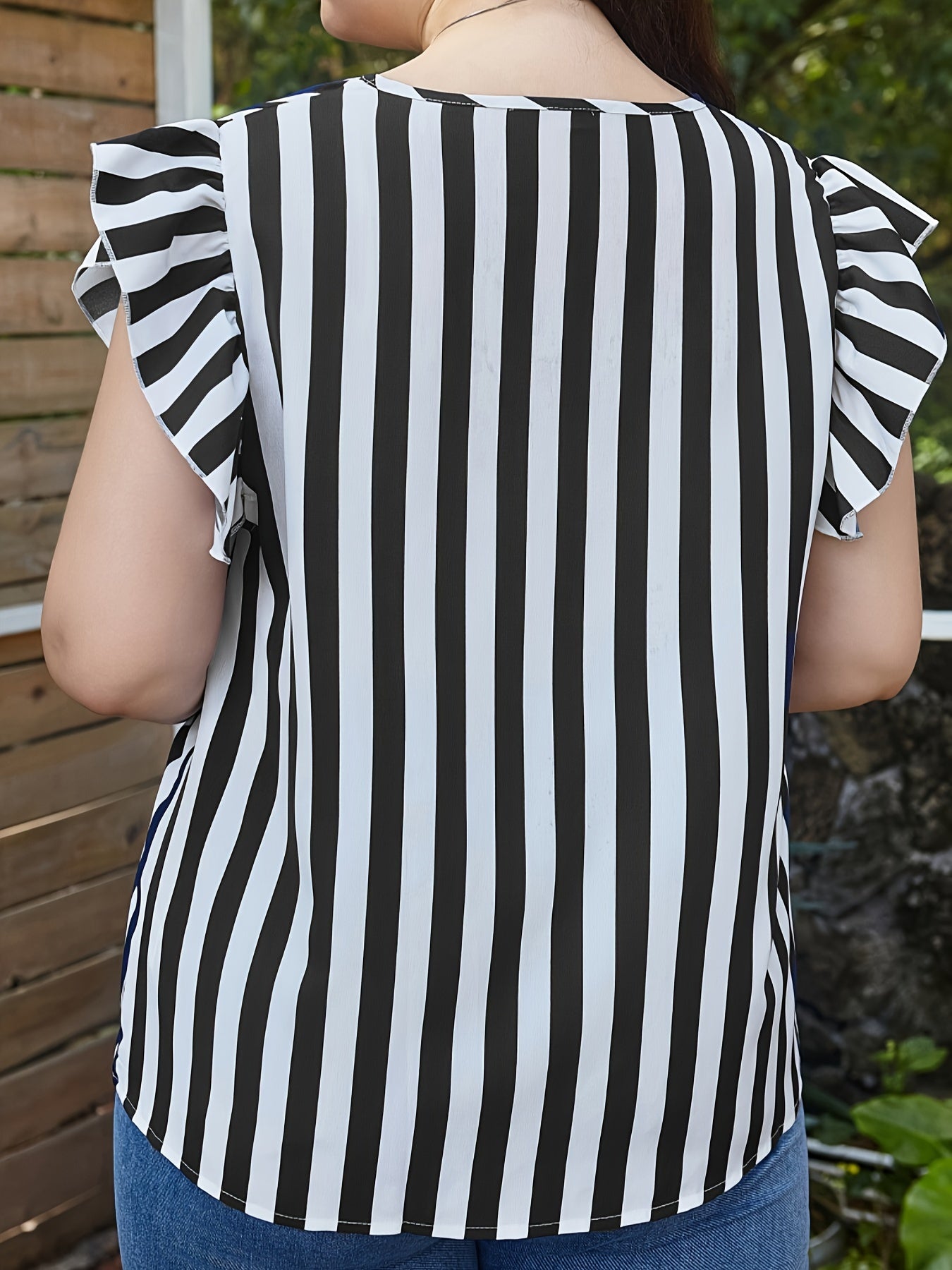 Stripe Print Cap Sleeve V Neck Blouse
