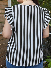 Stripe Print Cap Sleeve V Neck Blouse