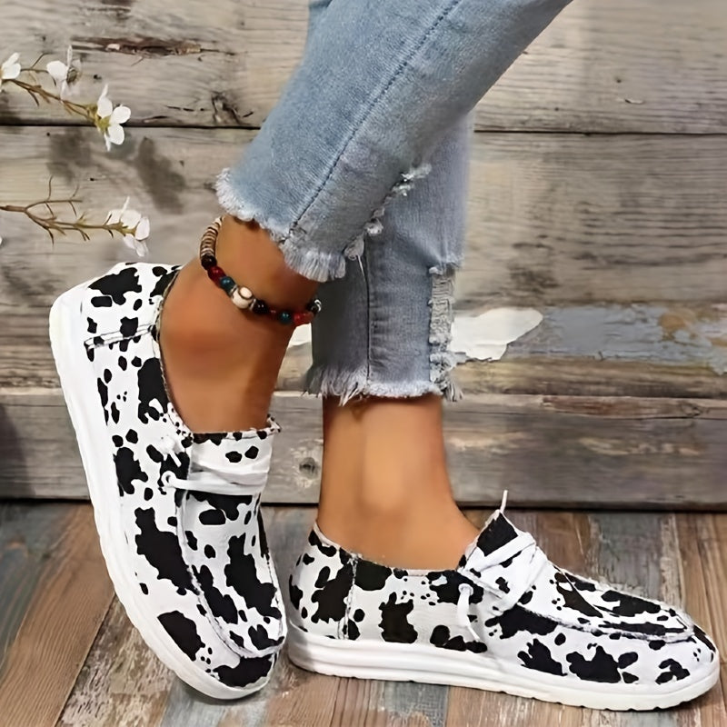 Cow Print Lace Up Sneakers Women's Lightweight Loafers