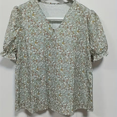 Floral Print Puff Sleeve Blouse V neck Casual Blouse