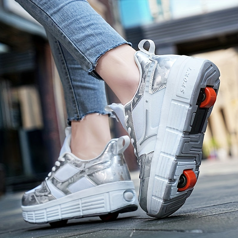 Girl's LED Light Up Roller Shoes Lace Up Wheel Skate Sneakers for Kids