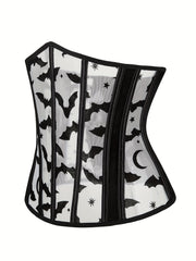 Bat Print Strapless Corset Bustier Tummy Control Mesh Body Shaper