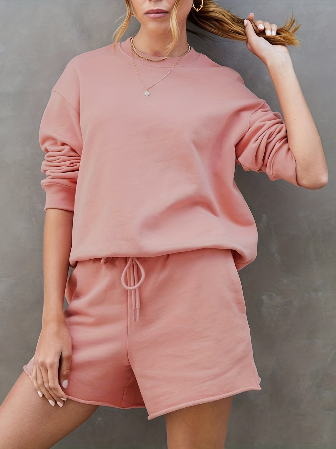 Casual Two Piece Set Long Sleeve Sweatshirt & Shorts Outfits