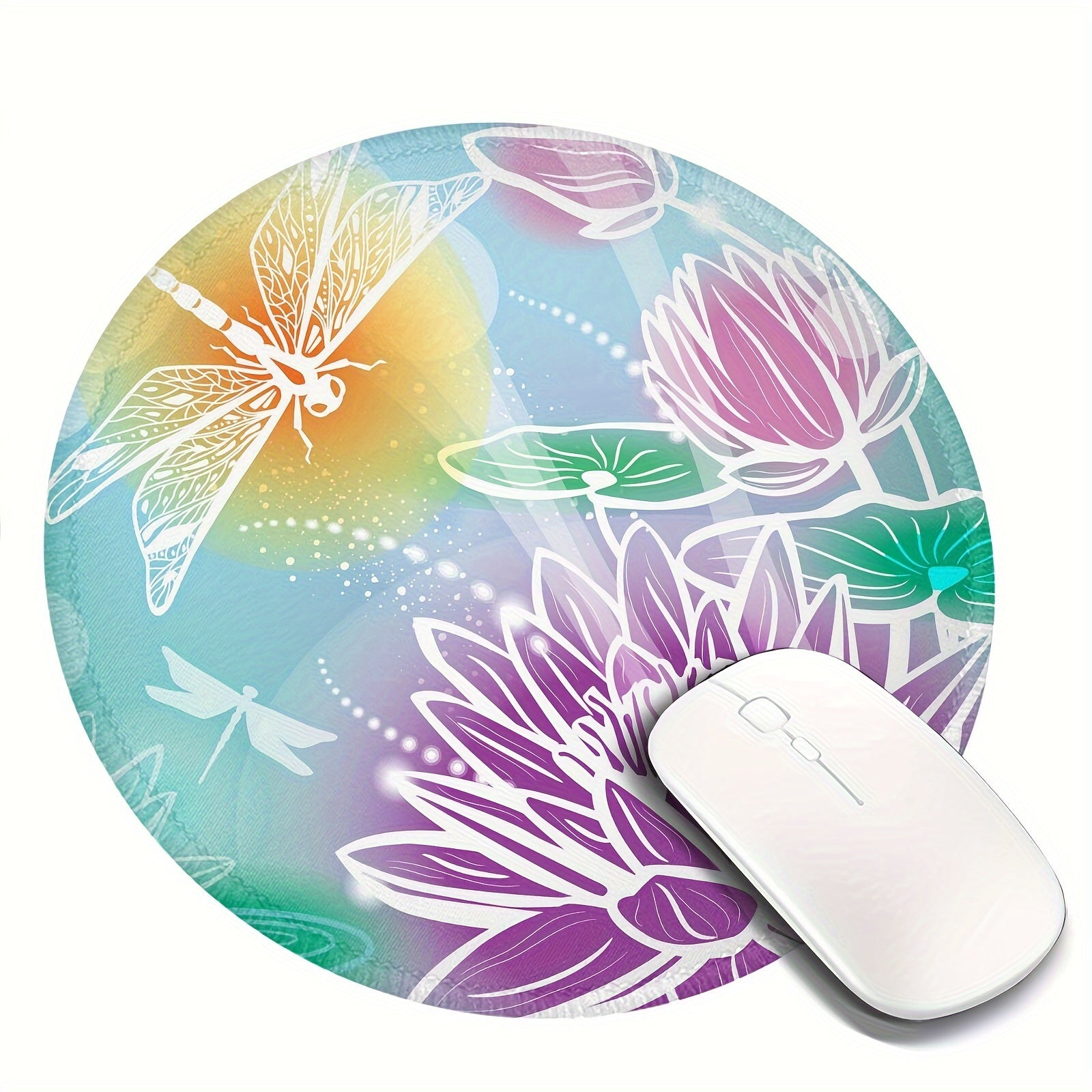 Dragonfly And Lotus Pattern Circular Stitched Edge Mousepad