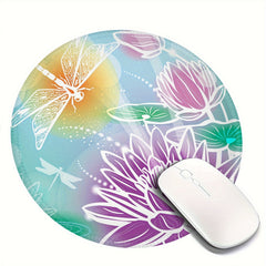 Dragonfly And Lotus Pattern Circular Stitched Edge Mousepad