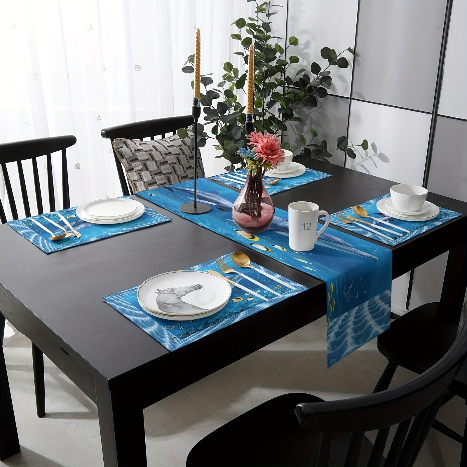 Dolphin Underwater World Linen Table Runner 13x72 Inch