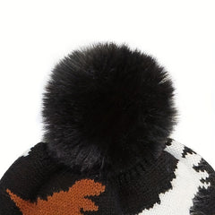 Dinosaur Jacquard Woolen Hat with Velvet Warm Winter