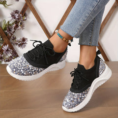 Women's Glitter Sequins Platform Sneakers Lace Up Outdoor Shoes