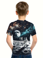 Astronaut on Moon 3D Print Boy's Casual Tees Short Sleeve