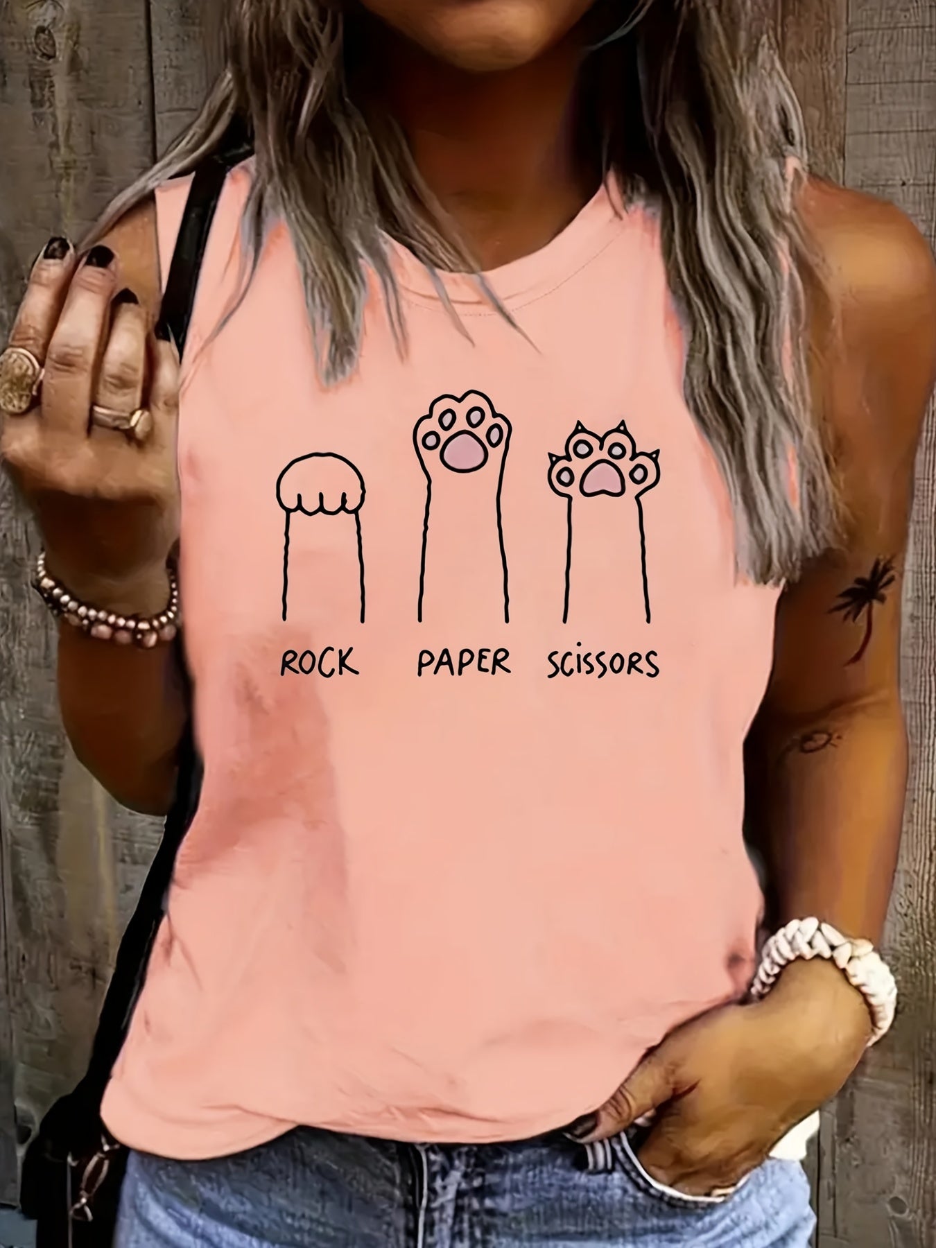 Cat Paw Print Crew Neck Tank Top For Summer