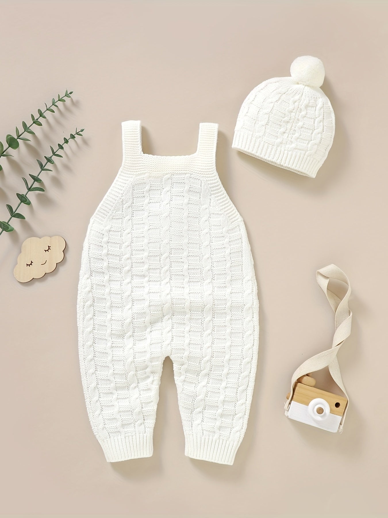Baby Knitted Suspenders Romper & Hat Set