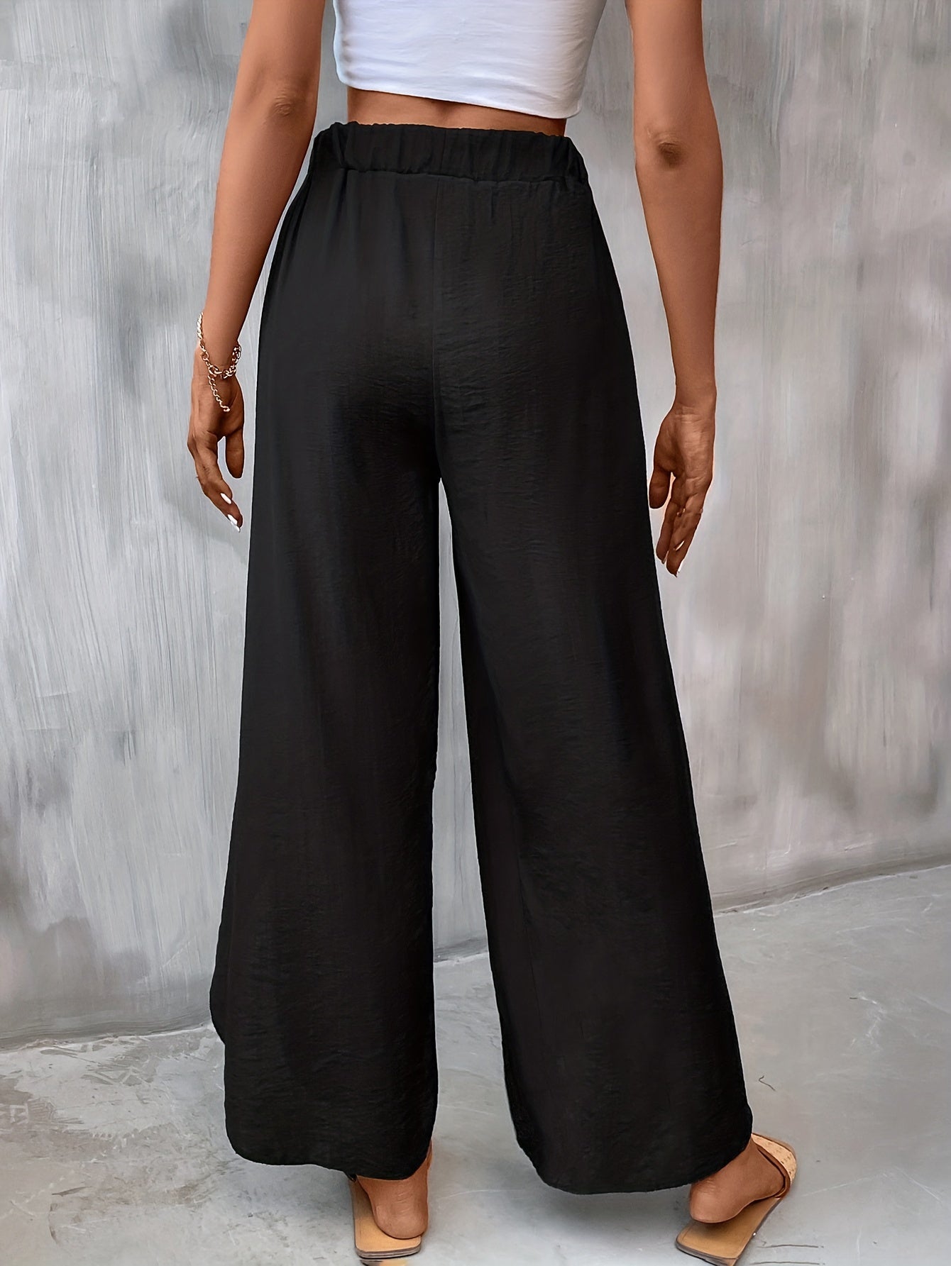 Solid Elastic Waist Split Pants Casual Wide Leg Pants Women's Clothing