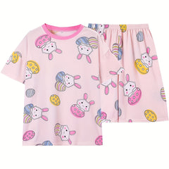Easter Pajamas Set Women's Plus Cartoon Bunny & Easter Egg Print