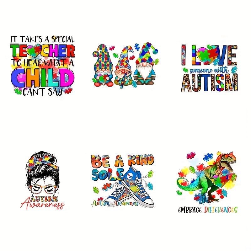 6pcs Autism Iron on Transfer DIY Stickers for Clothing & Jackets