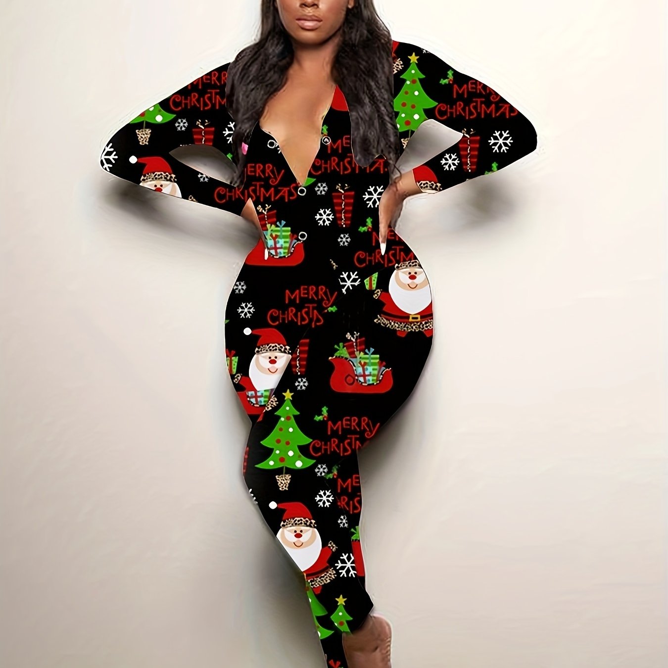 Christmas Print Lounge Jumpsuit Long Sleeve V Neck Buttons Jumpsuit