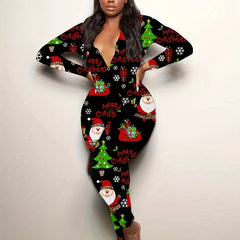 Christmas Print Lounge Jumpsuit Long Sleeve V Neck Buttons Jumpsuit