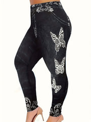 Denim & Butterfly Print High Rise Leggings