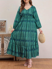 Plus Size Grid Print Long Sleeve V Neck Maxi Dress