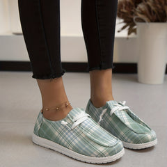 Light Green Plaid Pattern Canvas Shoes Lightweight Lace Up Outdoor Sneakers