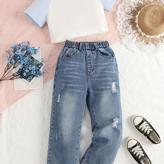 Girls 2 Pcs Raglan Short Sleeve Top & Elastic Waist Jeans Casual Set