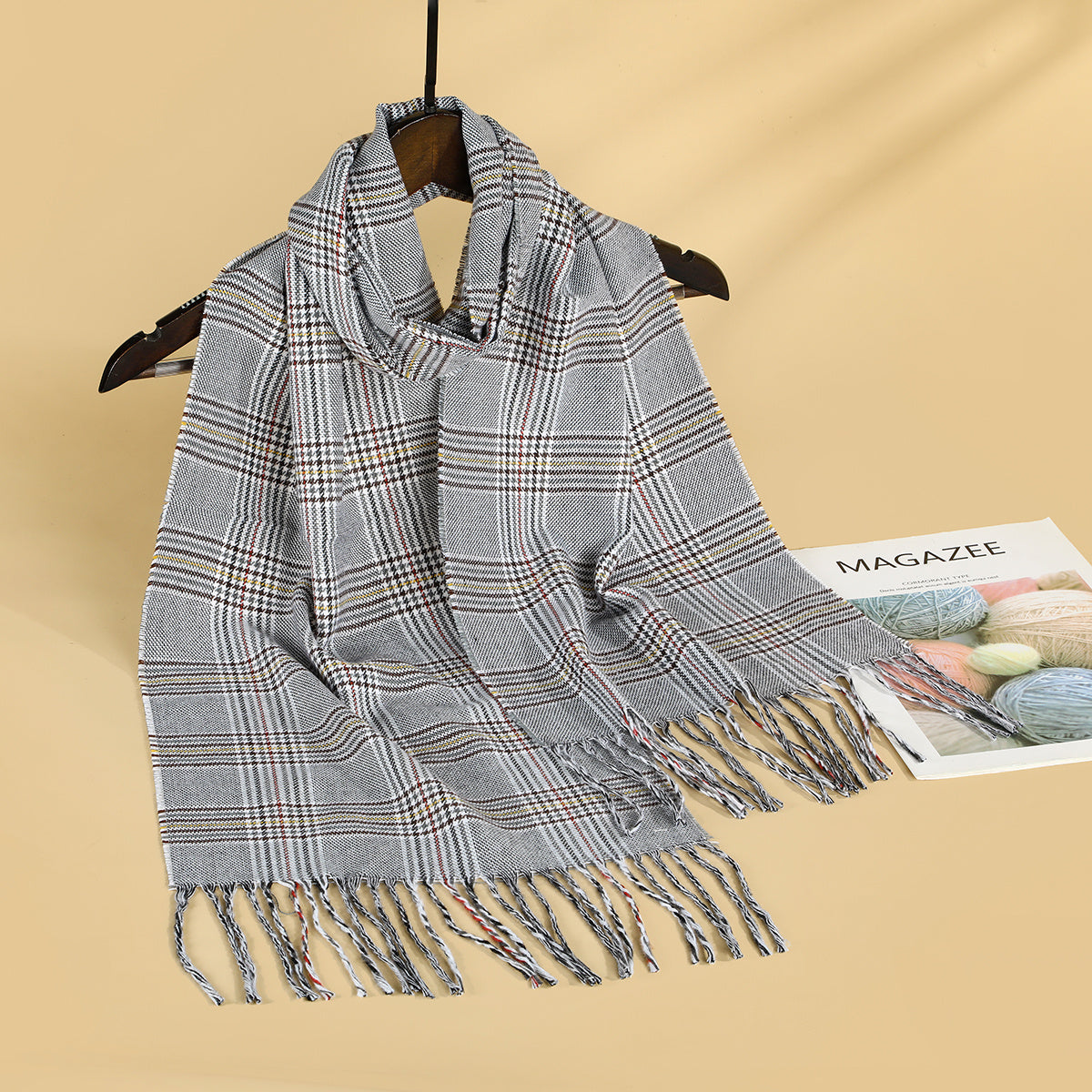 Faux Cashmere Plaid Fringe Small Scarf 1pc