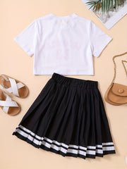2pcs Girls LOS ANGELES Graphic Tee & Pleated Skirt Set Kids Summer Clothes