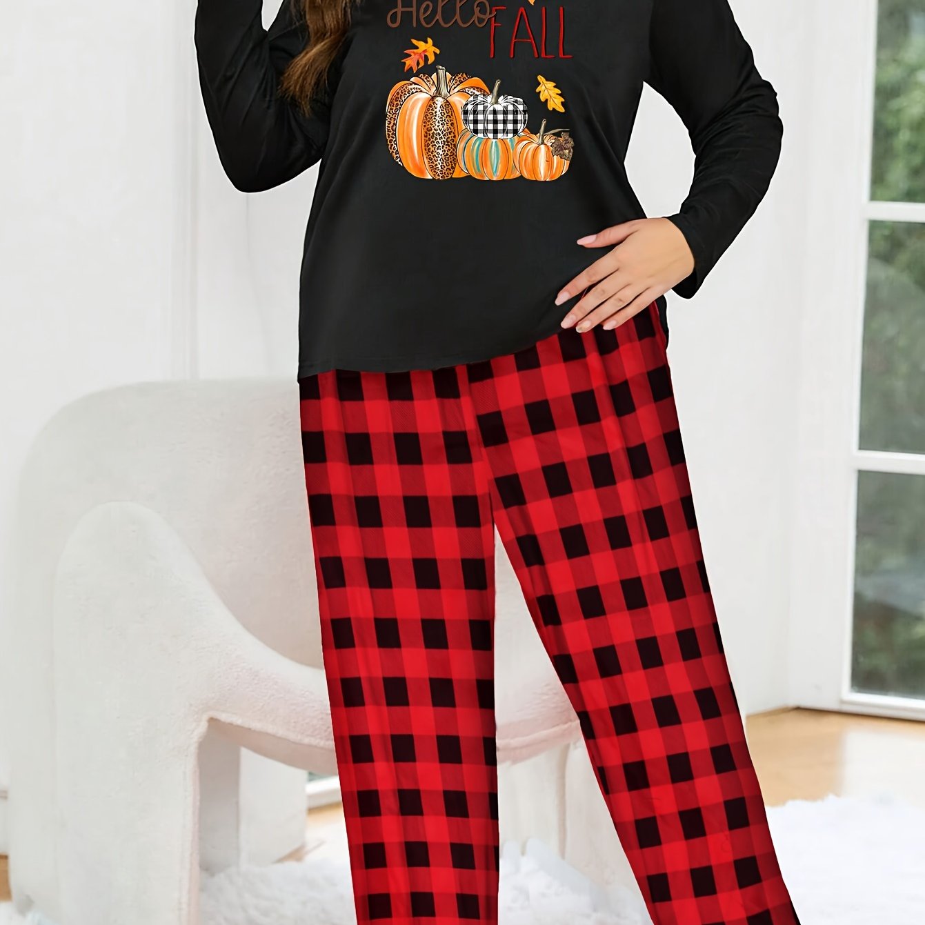 Pumpkin & Maple Leaf Print Pajama Set Long Sleeve Tee & Plaid Pants