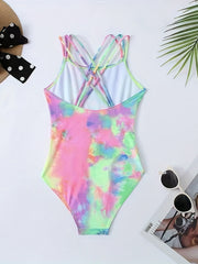 Girls' Tie Dye Hawaiian Swimsuit Iridescent Graphic Mid Stretch Suspenders