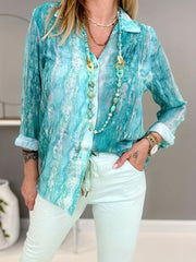 Allover Print Button Up Long Sleeve Blouse