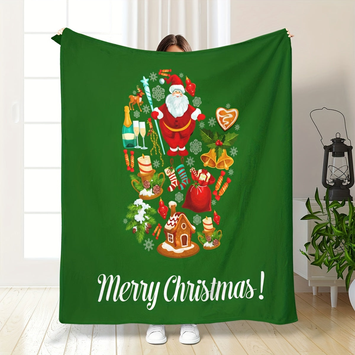 Green Santa Claus Print Bed Blanket Soft Sofa Blanket