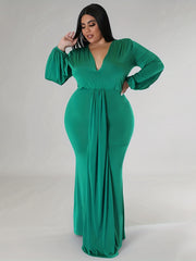 Sexy Dress Solid Lantern Sleeve V Neck High Split Maxi Dress