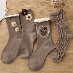 5 Pairs Floral Print Ruffle Socks Breathable Women's Stockings