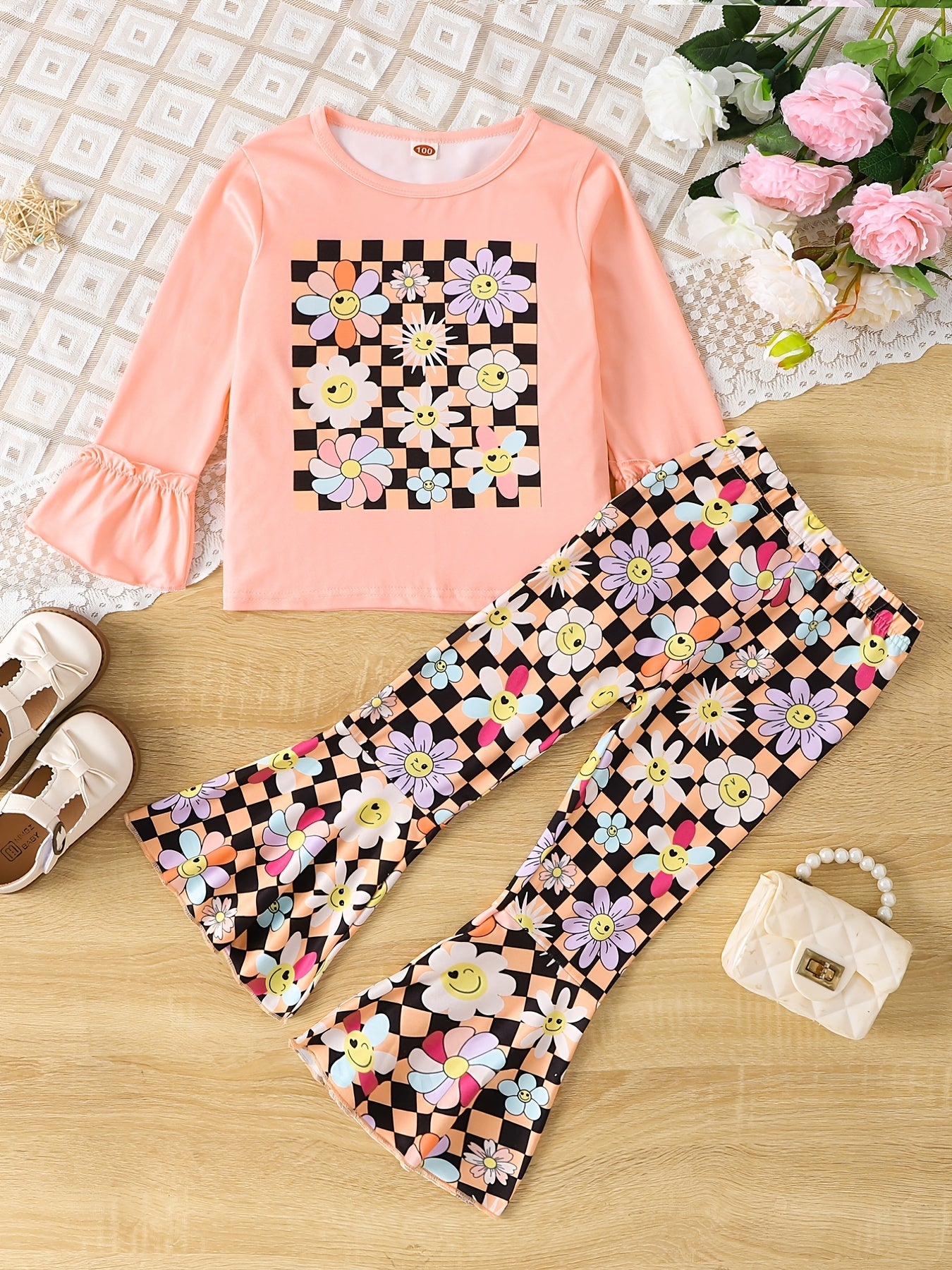 Toddler Girl's Floral Outfit 2pcs Trumpet Sleeve Top & Checkerboard Flared Pants