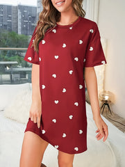 Heart Print NightDress Short Sleeve Pajama Dress Women's Sleepwear