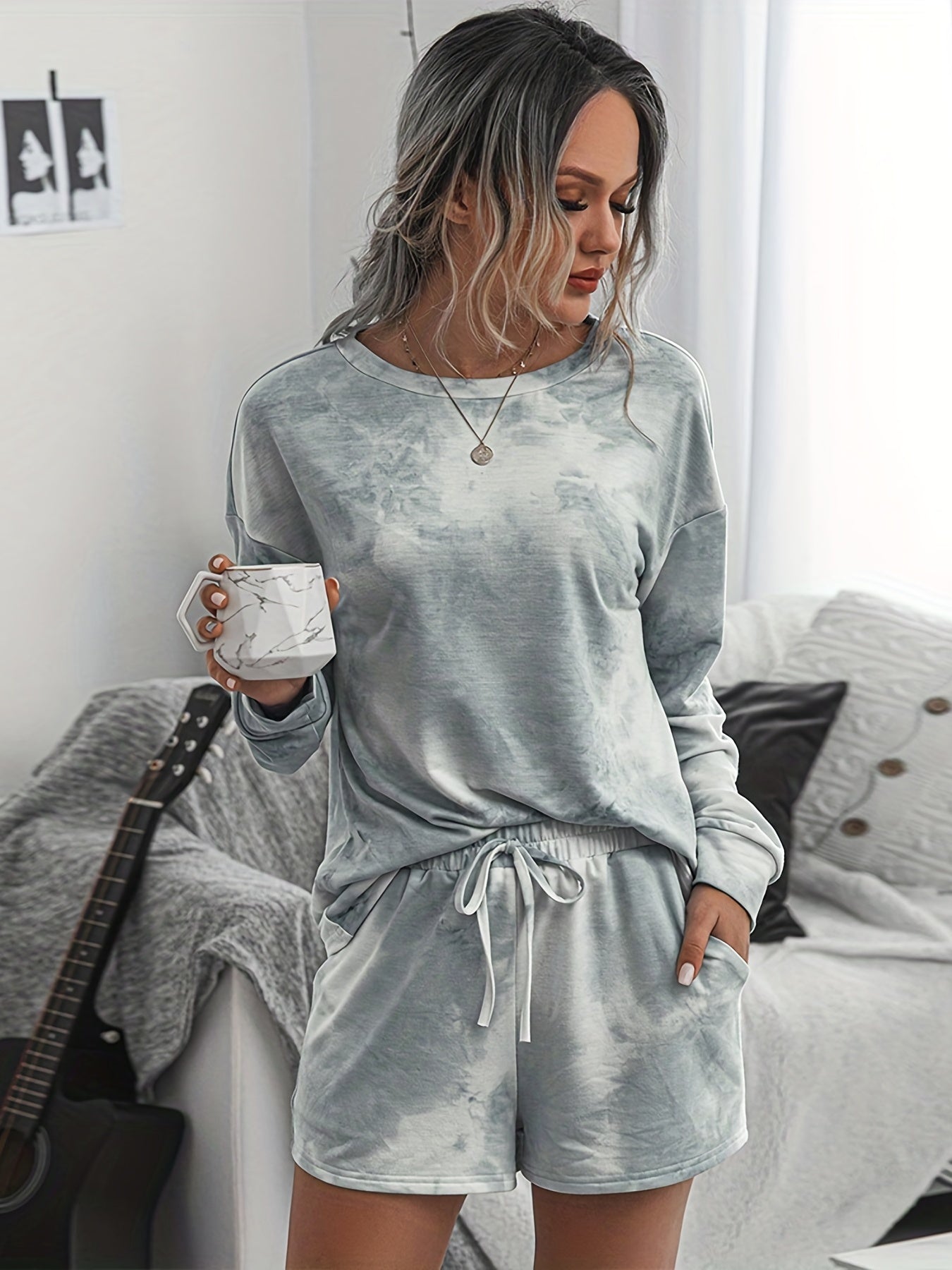 Casual Tie Dye 2pc Set Long Sleeve Shirt & Shorts Women's Clothing