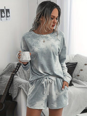 Casual Tie Dye 2pc Set Long Sleeve Shirt & Shorts Women's Clothing