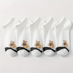 5 Pairs Cartoon Bear Print Socks Lightweight Low Cut Ankle Socks