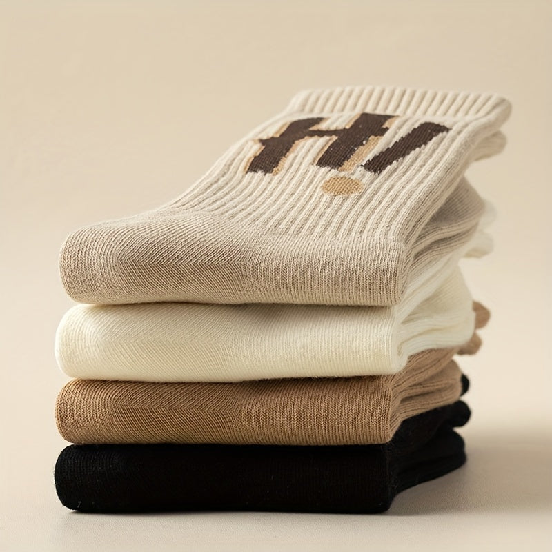 4 Pairs Letter Print Socks Comfy & Breathable Mid Tube Women's Stockings