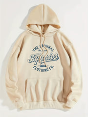 Casual Letter Print Pocket Hoodie Retro Hooded Drawstring Loose Sweatshirt