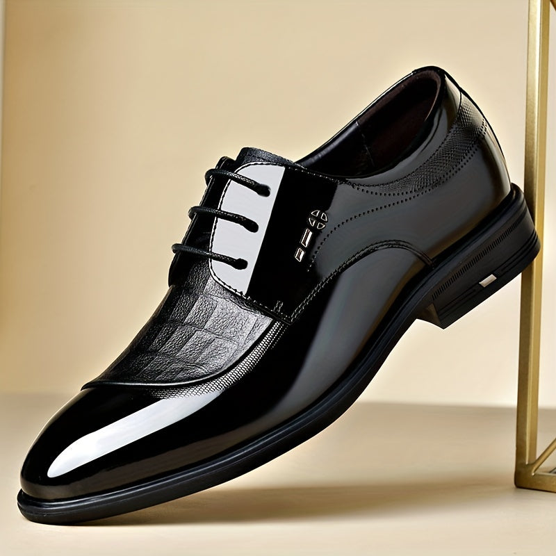 Men's Glossy Derby Shoes With Textured Detail Lace up Front Dress Shoes For Men