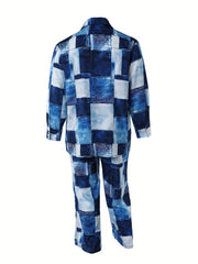 Colorblock Denim Print Shirt & Pants Set