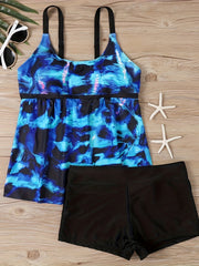 Modest Tankini Set Tie Dye & Leopard Print Cami Top & Shorts Swimsuit