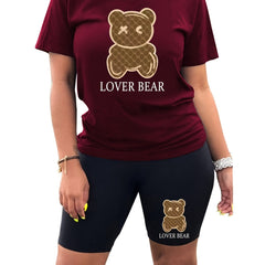 Lover Bear Print Two piece Set Short Sleeve Crew Neck T Shirt & Shorts