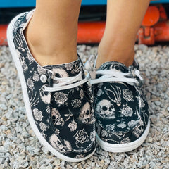 Halloween Scary Skeleton & Floral Print Low Top Sneakers Lightweight