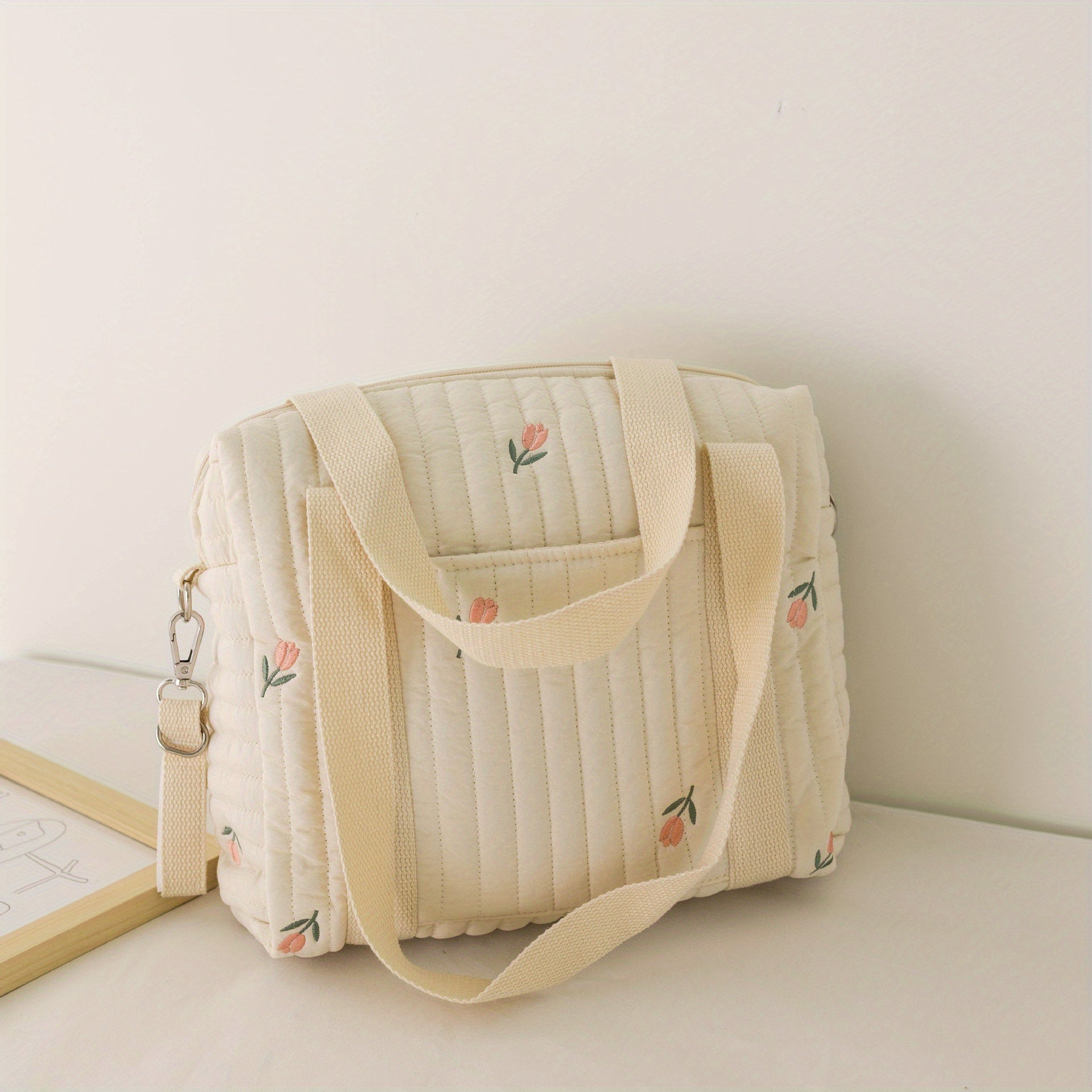 Beige Diaper Bag Cotton Fabric Zipper Large Travel Stroller Organizer